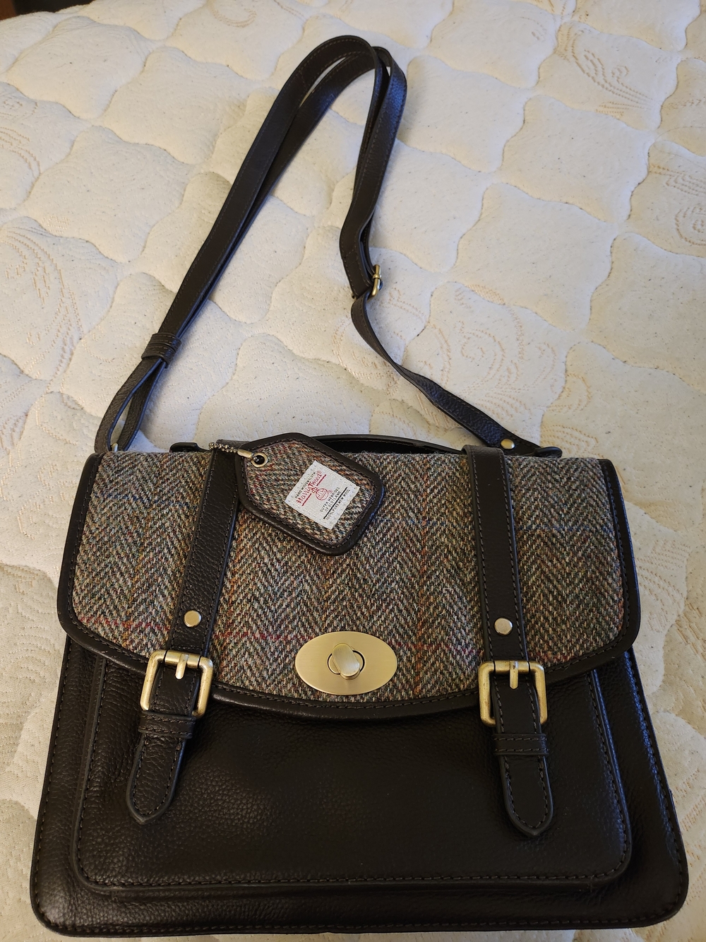 Brown Leather & Tweed Shoulder Bag with Gold-Tone Turn Lock